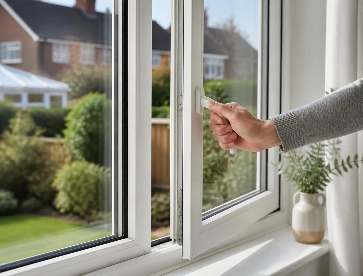 Opening a modern white casement window in a British home