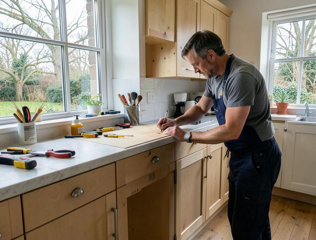Kitchen fitter measuring a worktop during a UK kitchen installation