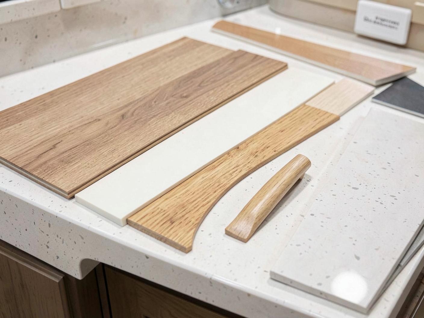 Kitchen worktop and cabinet door samples laid out in a showroom