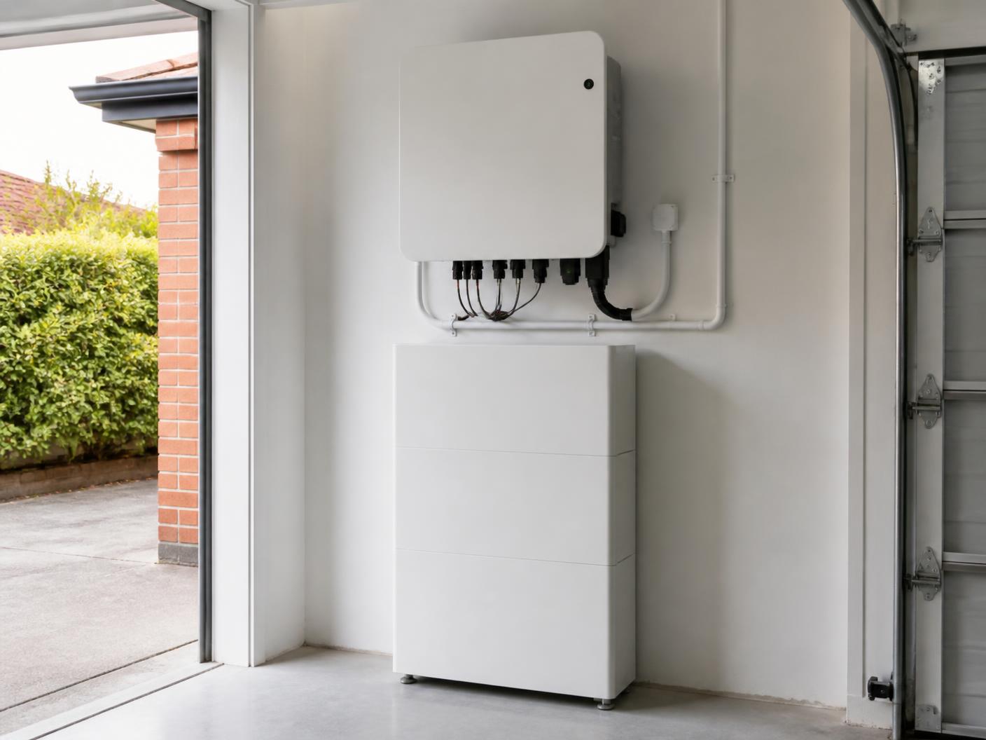 Home battery storage unit and inverter fitted in a UK garage